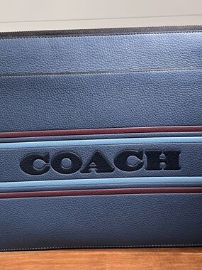 Coach Leather Laptop Sleeve Case Blue Stripe Zip Padded Portfolio 13” To 14”.